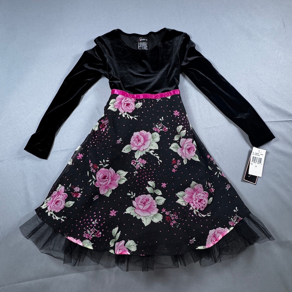 Speechless Girls Black Velvet Floral Glitter Party Dress Pink Sash Size 10 NWT